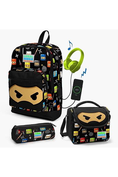 Yaygan Çanta Set de 3 genți de școală Coral High Kids Black Ninja cu USB SET 23285-MIX3
