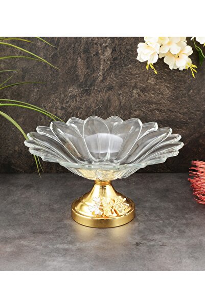 Gerçektrend Gold Ayaklı Kelebekli Cam Papatyalı Sunumluk Meyvelik Kase 33 cm