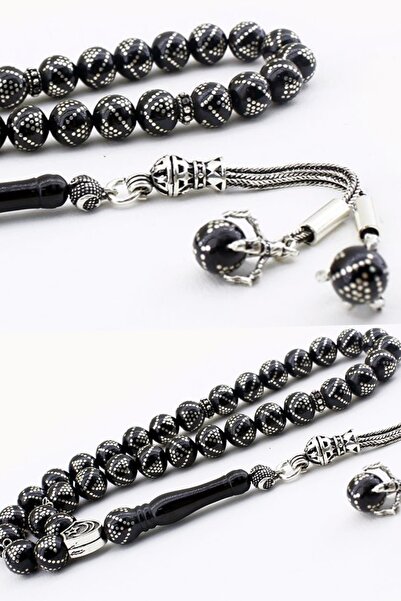 USTATESBİH 925 Ayar Gümüş Yoğun Gümüş İşlemeli Erzurum Oltu Taşı Tesbih