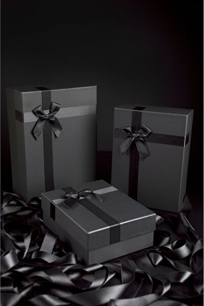 ADENZ Siyah 3'lü Kutu Saten Kurdeleli - Sert Hediye Damat Bohçası Gelin Çeyiz Bohça Kutusu