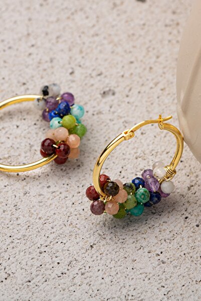 ÇAKRA DOĞAL TAŞ 925 Ayar Gümüş 7'li Çakra 3-4mm Doğal Taşlı Halka Küpe Gümüş Üzeri Altın Kaplama