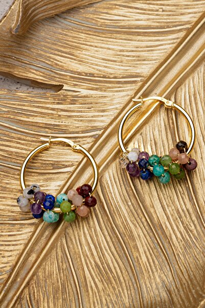 ÇAKRA DOĞAL TAŞ 925 Ayar Gümüş 7'li Çakra 3-4mm Doğal Taşlı Halka Küpe Gümüş Üzeri Altın Kaplama