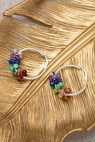 ÇAKRA DOĞAL TAŞ 925 Ayar Gümüş 7'li Çakra 3-4mm Doğal Taşlı Halka Gümüş Küpe