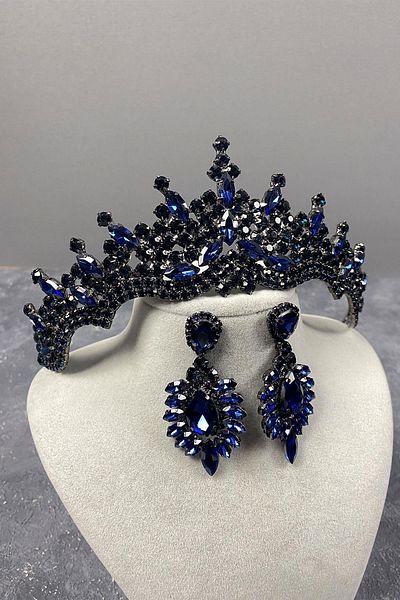 Hayalperest boncuk Tokyo Model Bridal Henna Crown and Drop Stone Detailed Shuttle Stone Earring Set Navy Blue