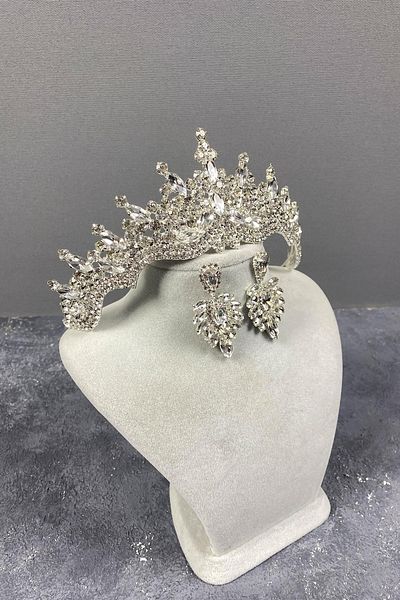 Hayalperest boncuk Tokyo Model Bridal Henna Crown and Drop Stone Earring Set Silver Color