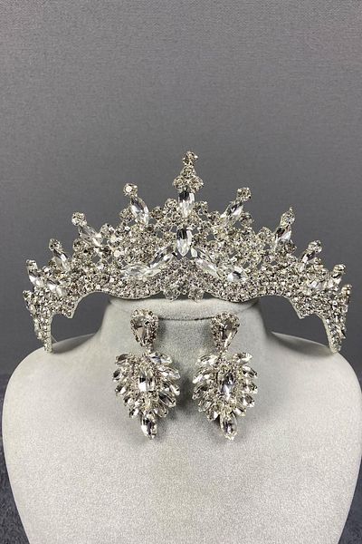 Hayalperest boncuk Tokyo Model Bridal Henna Crown and Drop Stone Earring Set Silver Color