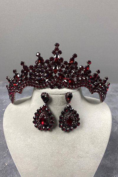 Hayalperest boncuk Tokyo Model Wedding Crown Henna Crown Shuttle Stone Earrings Bridal Crown Set Burgundy Color