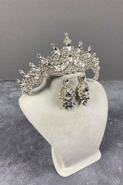 Hayalperest boncuk Tokyo Model Henna Crown Drop Stone Detailed Shuttle Earring Set Bridal Crown Set Silver Color