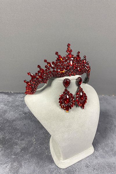 Hayalperest boncuk Tokyo Model Bridal Henna Crown and Drop Stone Detailed Shuttle Stone Earring Set Red Color
