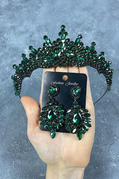 Hayalperest boncuk Tokyo Model Bridal Henna Crown and Drop Stone Detailed Shuttle Stone Earring Set Green