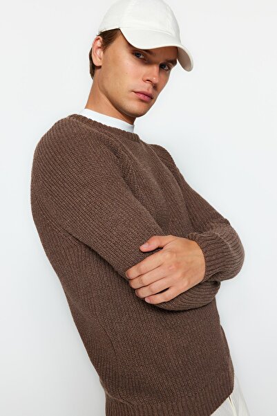 Trendyol Collection Кафяв тънък пуловер Slim Fit с кръгло деколте Reglan ръкав Основен трикотаж Tmnaw20Kz1451