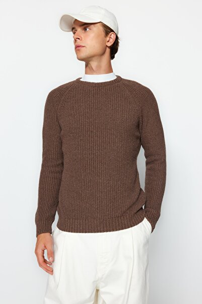 Trendyol Collection Кафяв тънък пуловер Slim Fit с кръгло деколте Reglan ръкав Основен трикотаж Tmnaw20Kz1451