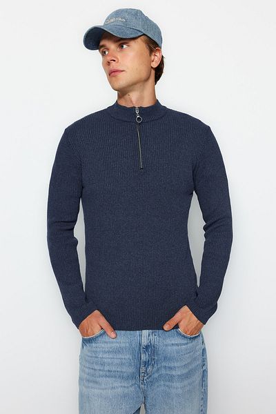 Trendyol Collection Indigoblauer Pullover mit Kordelkragen – Skinny Fit, Reißverschluss TMNAW20KZ1034