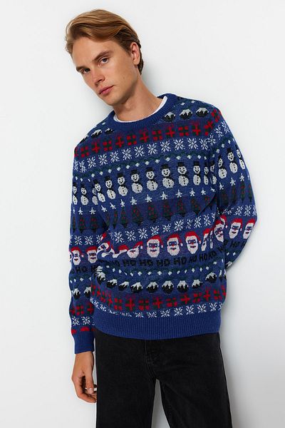 Trendyol Collection Jacquard Blue Knitwear Sweater - Crew Neck, Regular Fit TMNAW23KZ00226