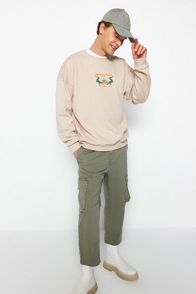 Trendyol Collection Beige Crew Neck Oversize/Wide Cut Animal Print Fleece Inside Sweatshirt Tmnaw24Sw00092