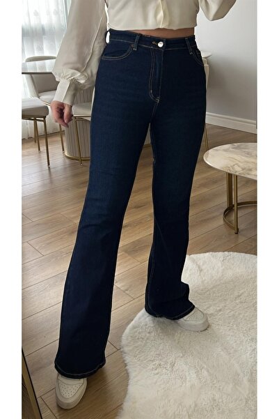 Bella denim Koyu Mavi Yüksek Bel İspanyol Paça Jeans Kot Pantolon