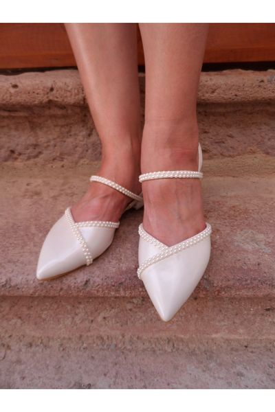 LİNEER Rochie de seară de balerină cu perle cu toc de 3,5 cm, alb murdar, pantofi de mireasă