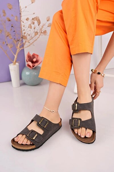 only my store Unisex mink brown Comfortable Fit Poly Sole Double Buckle Nubuck Slippers