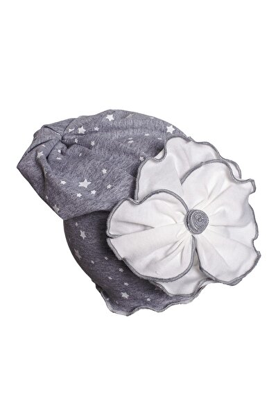 Combed Cotton Beanie with White Star Print and White Flower Detail on Gray