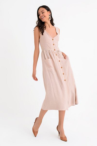 Hanna's by Hanna Darsa Women's Beige Sleeveless V-Neck Front Buttoned Back Bow Tie Woven Dress Hn1671
