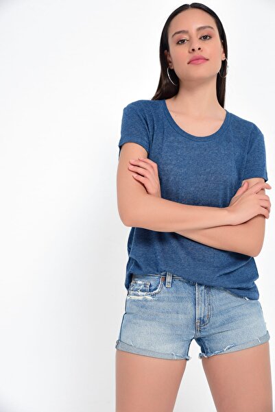 Hanna's by Hanna Darsa Kadın Petrol Melanj Bisiklet Yakalı Kısa Kollu Basic T...