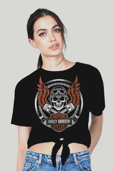 ROCKANDROLL Biker Skull Black Cut Skraćeni kroj Ball Tied Women | Ženska majica