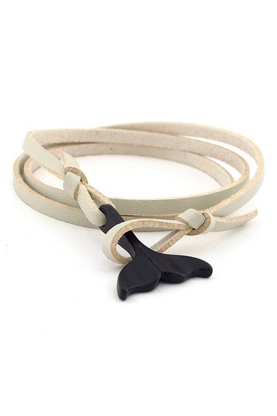 Solfera Men's Black Metal Whale Fish Tail Cream Leather Bracelet Bt578