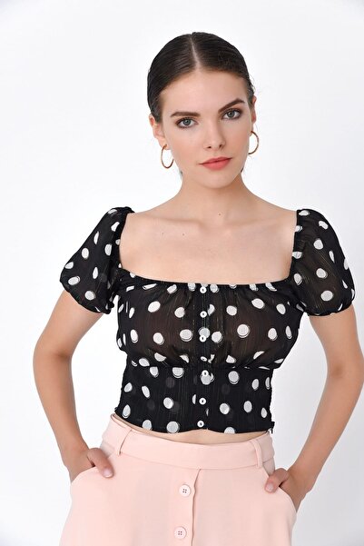 Hanna's by Hanna Darsa Kadın Siyah U Yakalı Önden Süs Düğmeli Puantiyeli Kısa...