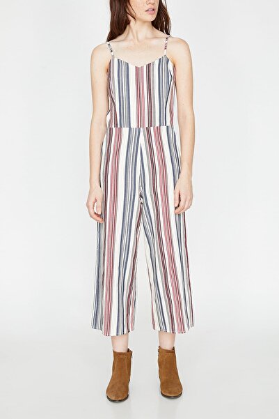 Koton Damen-Jumpsuit in Ecru mit Trägern und V-Ausschnitt und Taschendetail und kurzen Beinen 9YAL48156IW