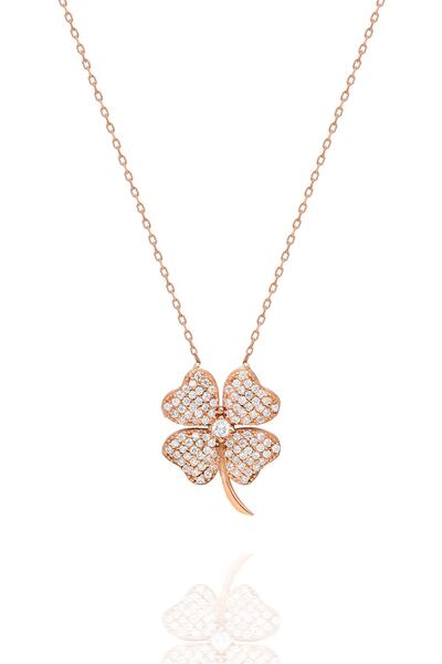 Nereze 925 Ayar Rose Beyaz Taşlı Yonca Kadın Gümüş Kolye TXE8B92BA13513