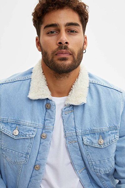 DeFacto Jachetă de blugi albastră pentru bărbați, cu guler și căptușeală din ...