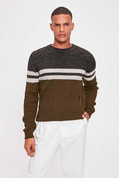 Trendyol Collection Πλεκτό πουλόβερ Χακί Color Blocked Crew Neck - TMNAW20MG0028