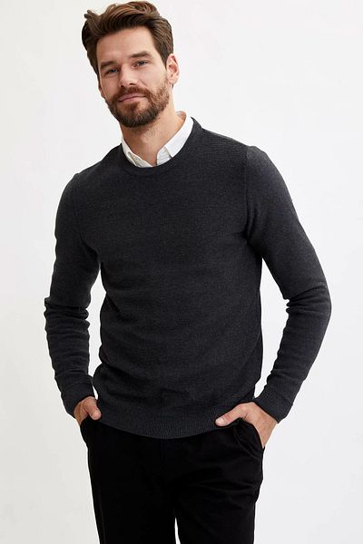 DeFacto Ανδρικό γκρι Basic Slim Fit Crew Neck Basic Πλεκτό Πουλόβερ L1434AZ19WN