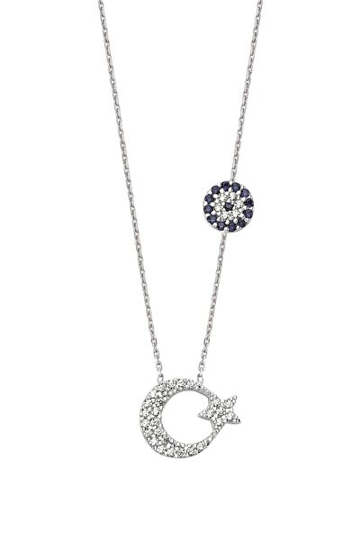 Nereze 925 Ayar Nazarlıklı Ay Yıldız Kadın Gümüş Kolye TXE8B92BA1263