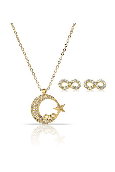 Forentina Kadın  Altın Tasarım  Kaplama Ay Yıldız Kolye Küpe PS0729