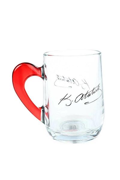 Paşabahçe Ataturk Signed Glass Mug with Red Handle 96165