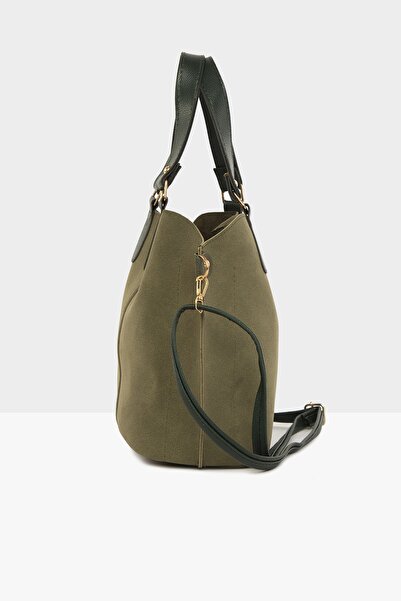 Bagmori Khaki Women's Three-Compartment Nubuck Bag with Snap Fastener Detail M000003554