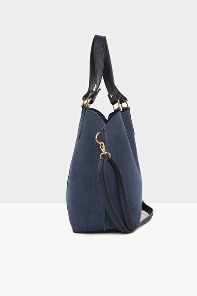 Bagmori Navy Blue Women's Three-Compartment Nubuck Bag with Snap Detail M000003554