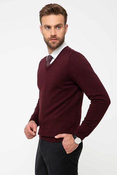 Pierre Cardin Men's Claret Red Slim Fit Basic Knitwear Sweater