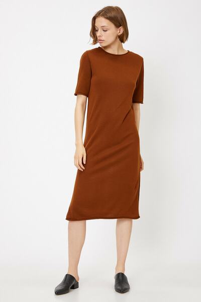 Koton Γυναικείο Φόρεμα Καφέ Σχιστό Λεπτομερές Φόρεμα 0KAK92773OT