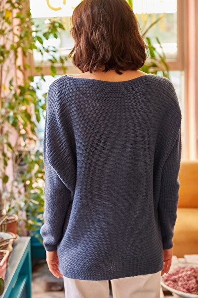 Olalook Női indigó Thessaloniki laza kötött pulóver KZK-19000051