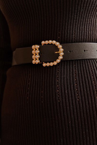 Olalook Women's Black D Buckle Stone Faux Leather Belt KMR-19000012