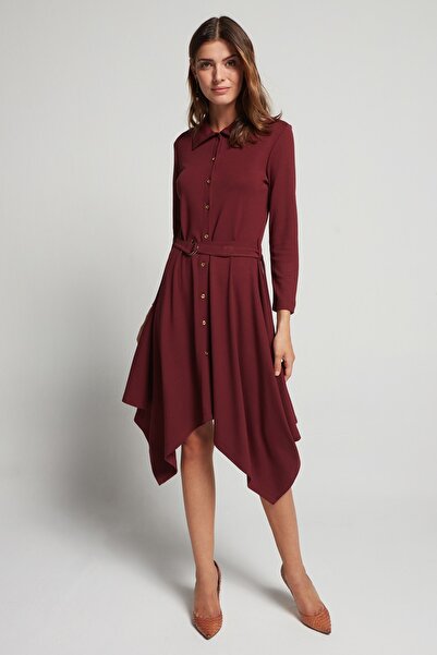 Hanna's by Hanna Darsa Kadın Bordo Uzun Kollu Etek Ucu Asimetrik Önden Düğmel...