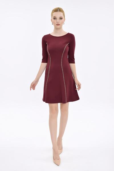 Hanna's by Hanna Darsa Kadın Bordo Süs Dikiş Ve Boncuklu Kloş Elbise