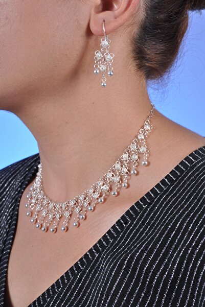 Midyat Nurtaş Gümüş Kadın İki Sıralı Kişniş Model Telkari Gümüş İkili Set MNG...