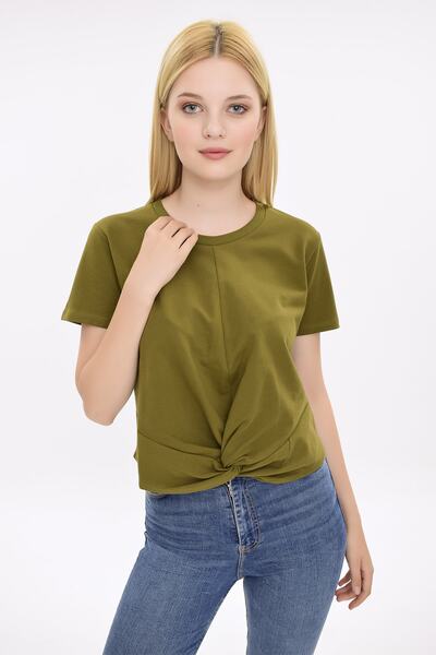 Hanna's by Hanna Darsa Women's Khaki Short Sleeve T-shirt with Knot Detail on the Front