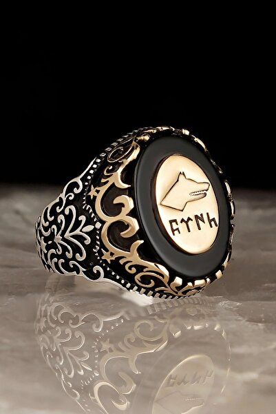 BayVog Göktürkçe Türk Yazılı Bozkurt MotifliOniks Taşlı 925 Ayar Erkek Gümüş ...