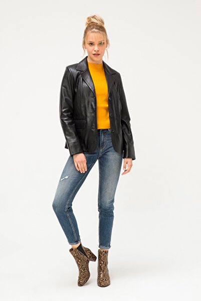 İkbal Regina Siyah Hakiki Deri Mont Kadın