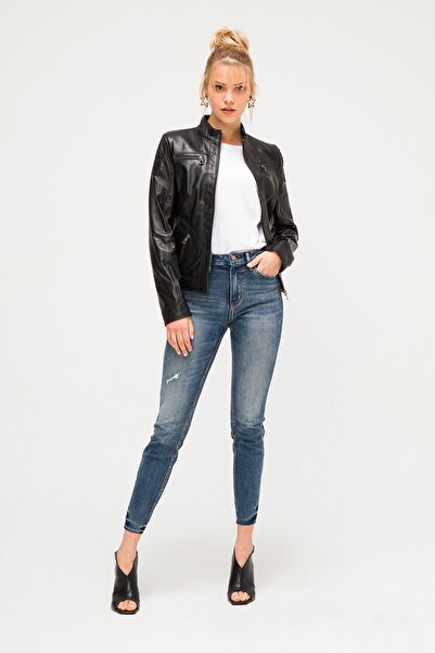 İkbal Lily Siyah Hakiki Deri Mont Kadın