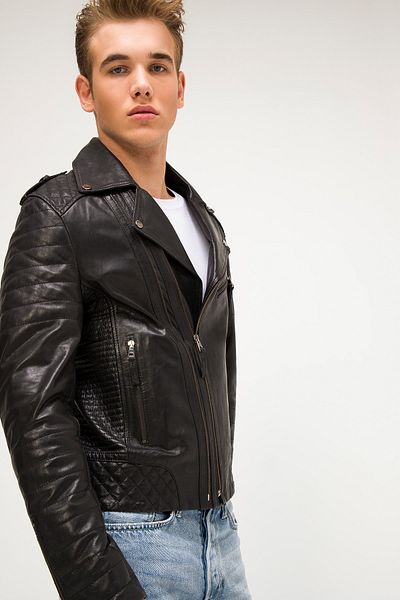İkbal Biker Black Genuine Leather Coat Men